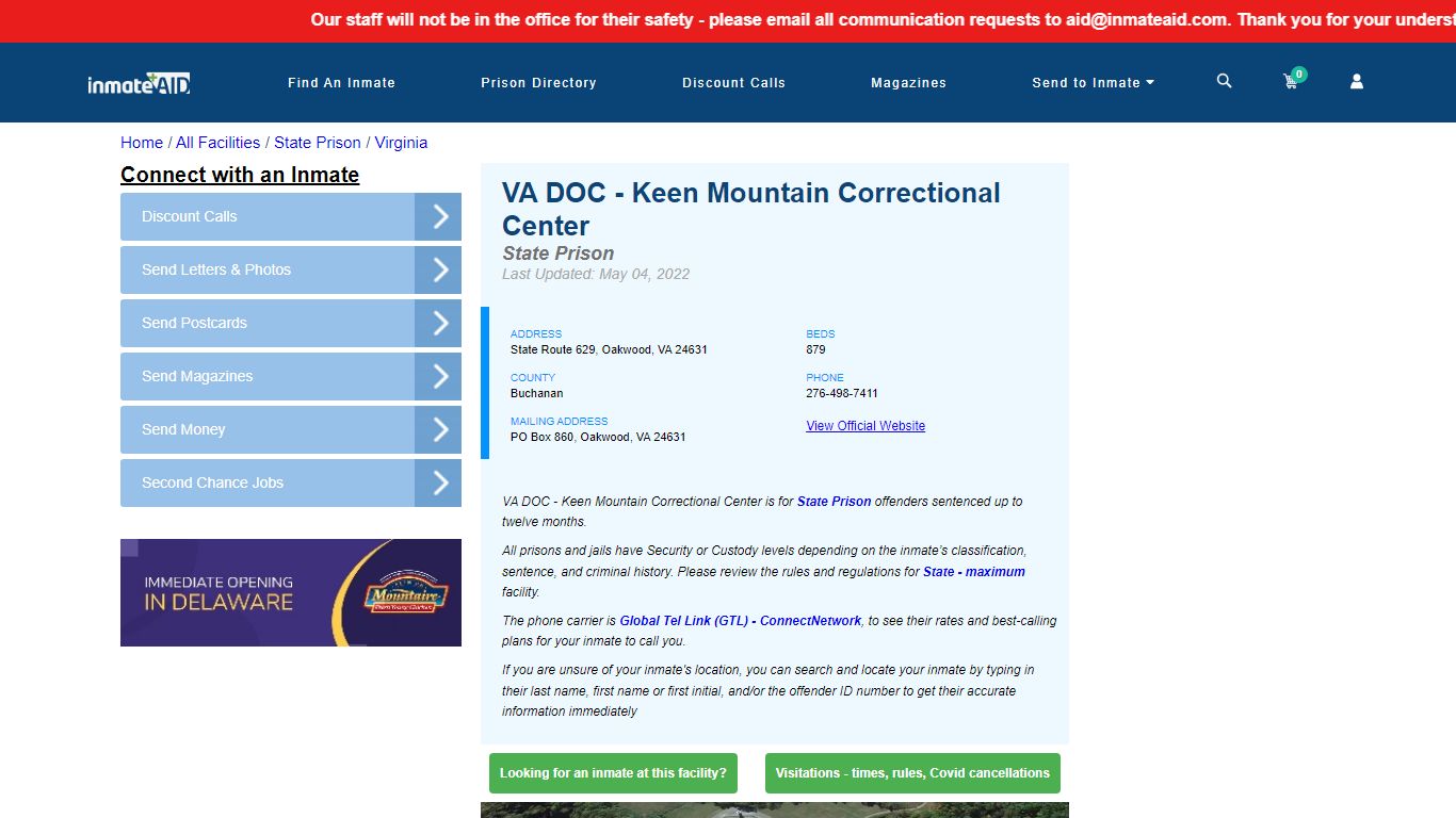 VA DOC - Keen Mountain Correctional Center & Inmate Search ...